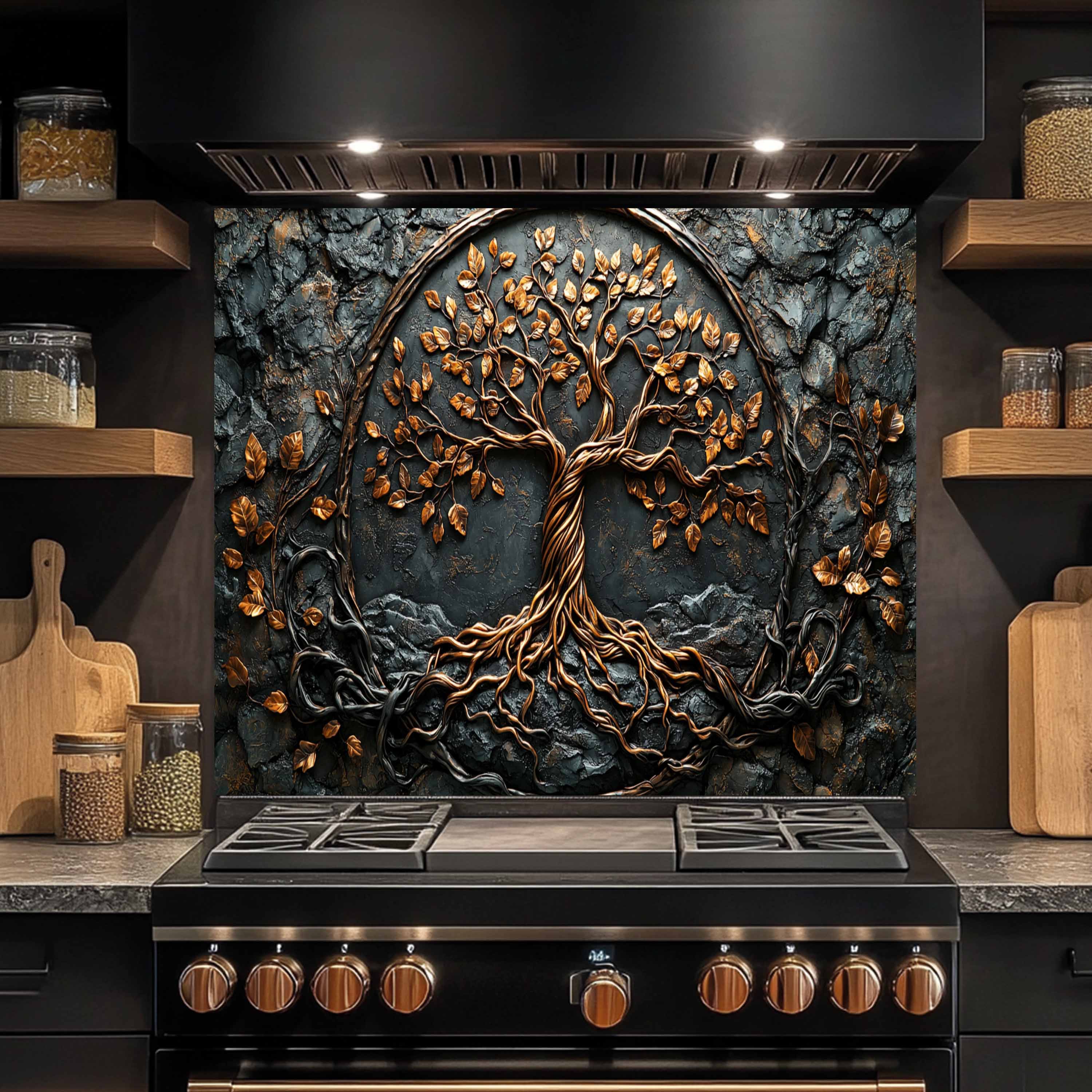 Tree with Roots Kitchen Backsplash – Tempered Glass Backsplash Behind Stove