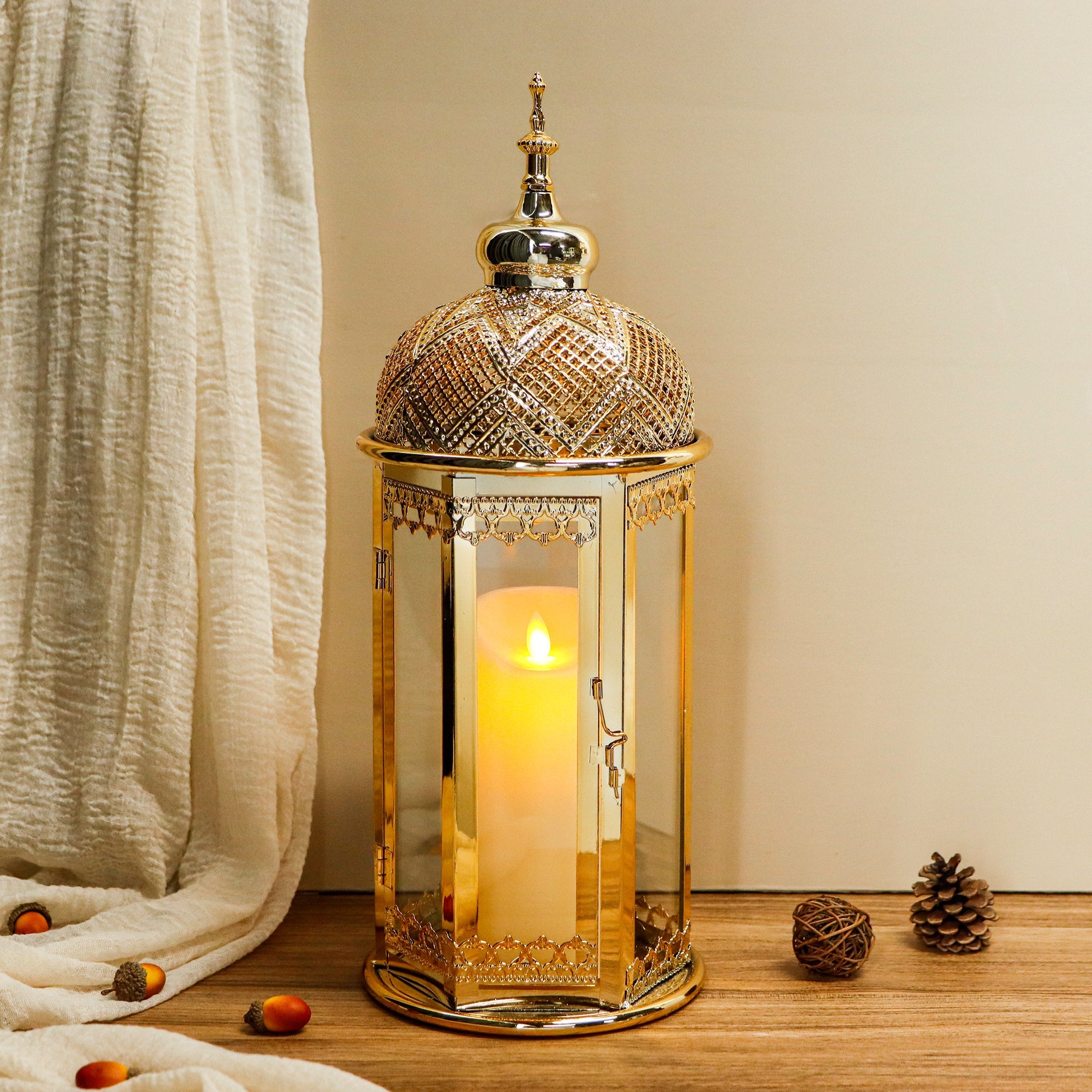 Moroccan Candle Lantern 15'' Gold Hexagonal Candle Holder