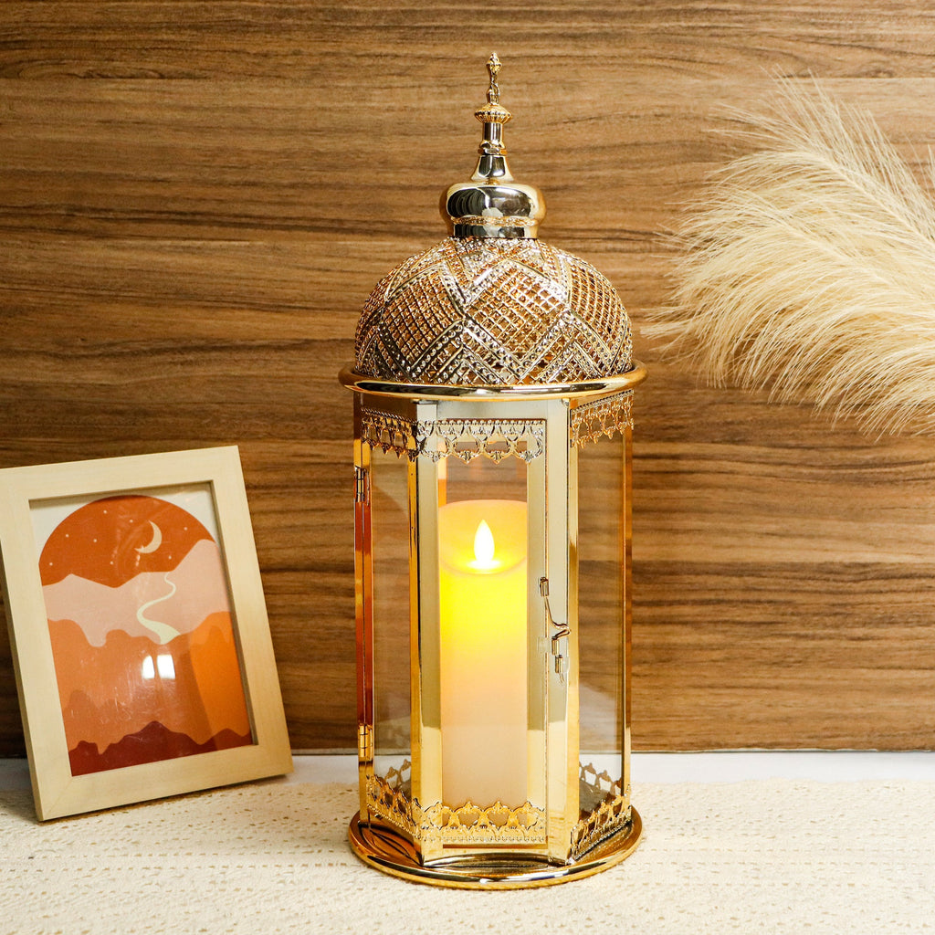 Moroccan Candle Lantern 15'' Gold Hexagonal Candle Holder
