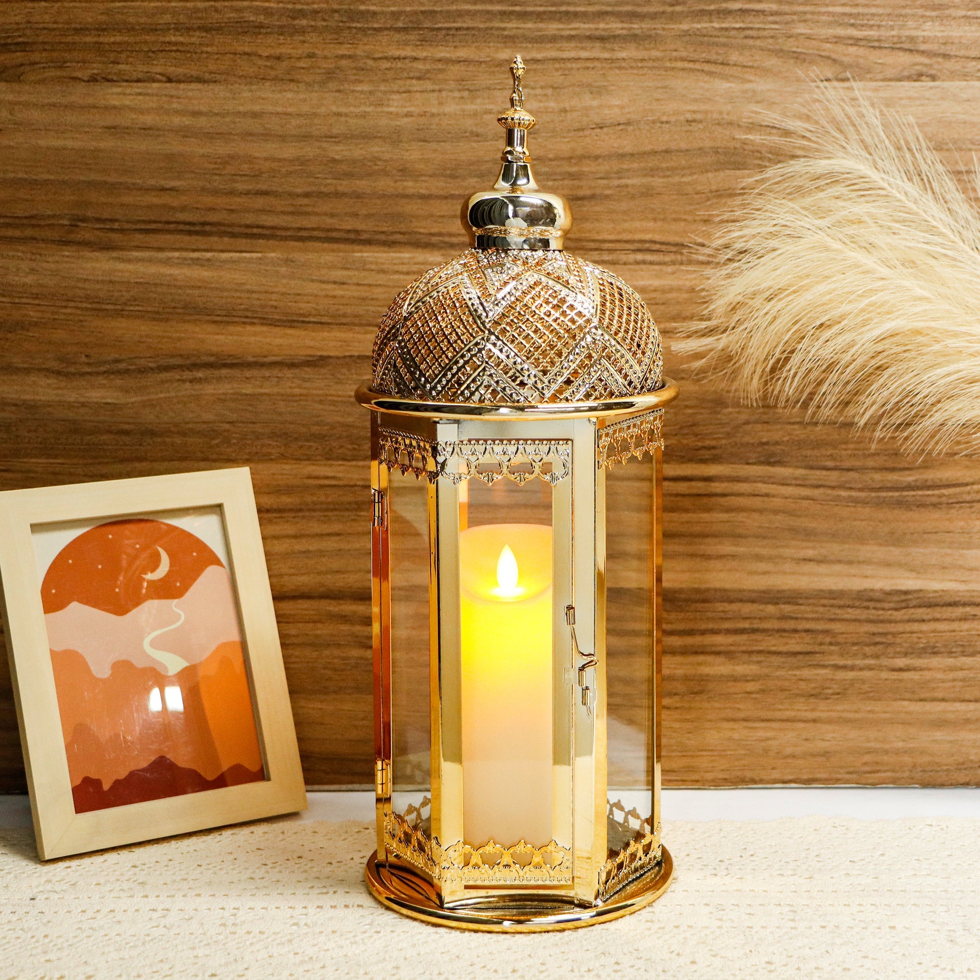 Moroccan Candle Lantern 15'' Gold Hexagonal Candle Holder