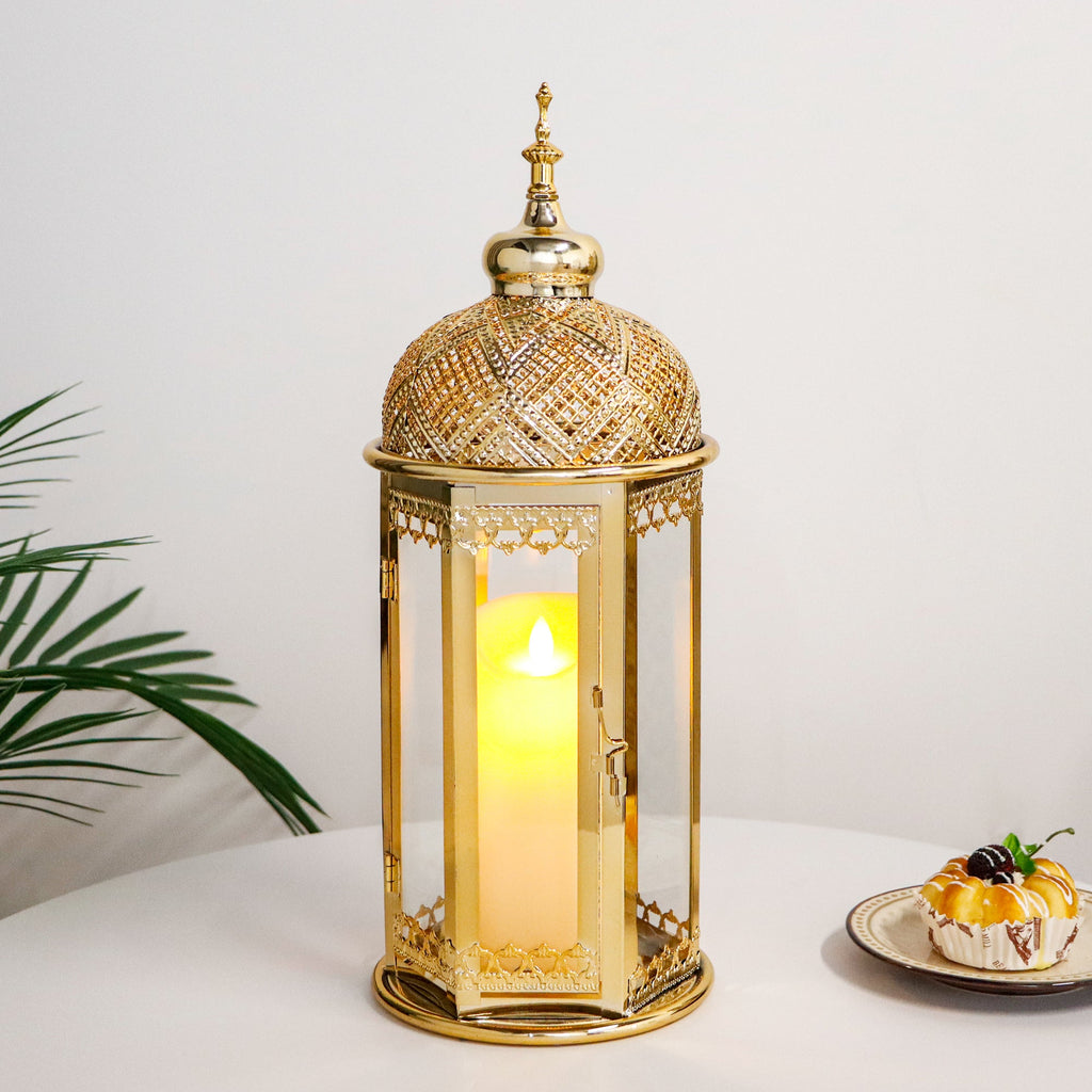 Moroccan Candle Lantern 15'' Gold Hexagonal Candle Holder