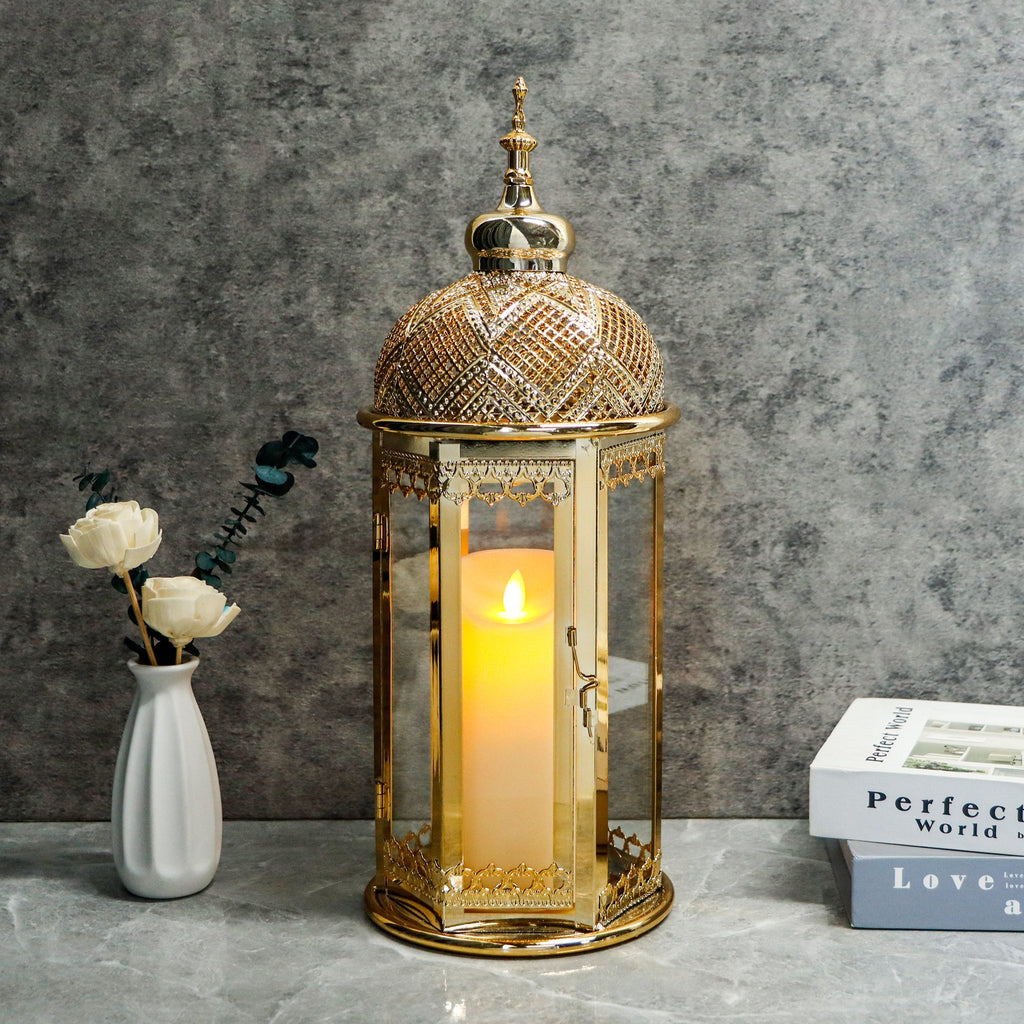 Moroccan Candle Lantern 15'' Gold Hexagonal Candle Holder