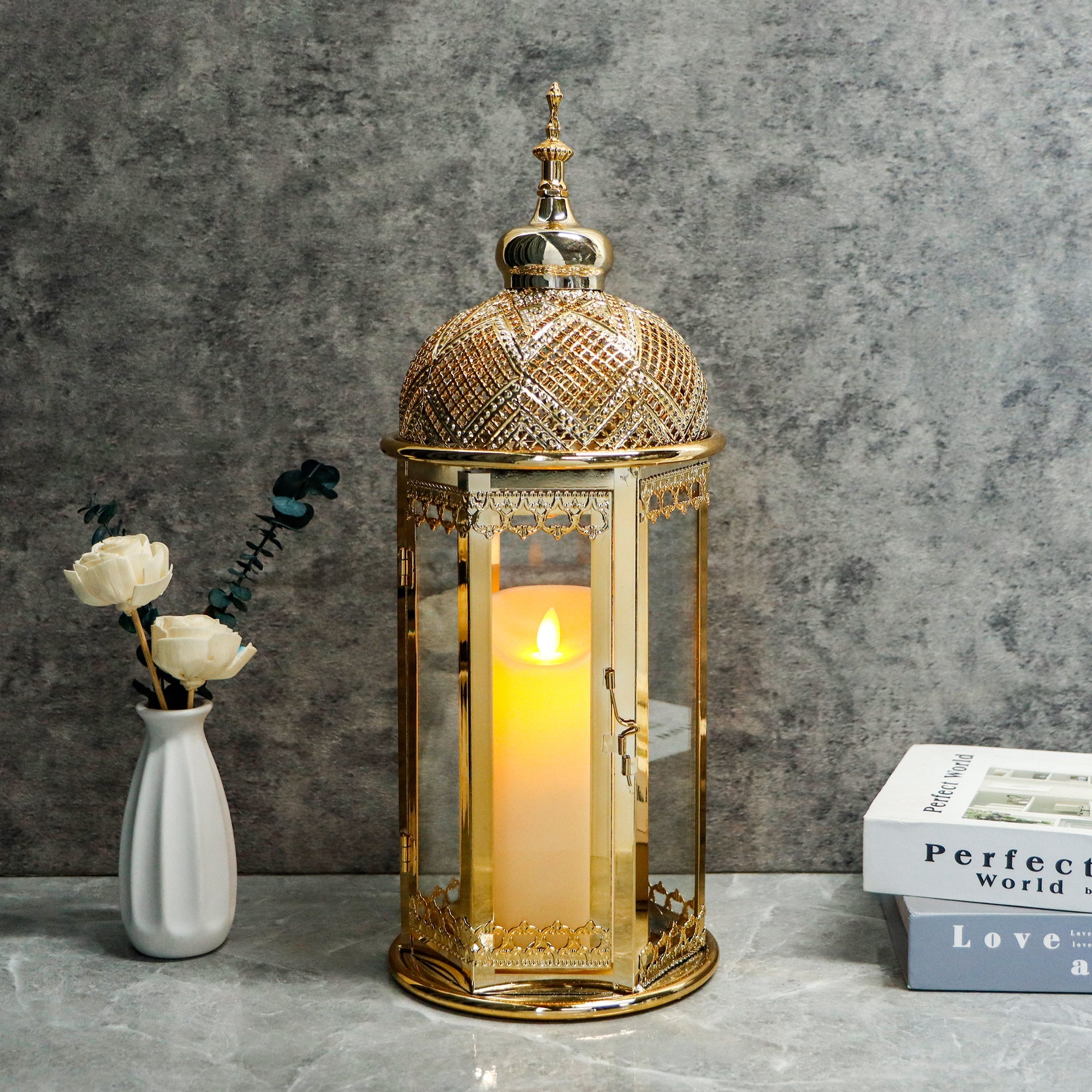 Moroccan Candle Lantern 15'' Gold Hexagonal Candle Holder