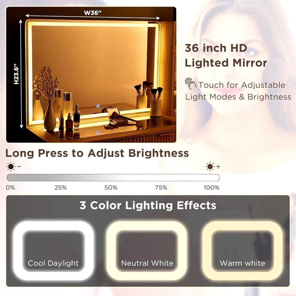 48" Modern Fluted Makeup Vanity Desk with Large 36" Mirror & Lights,