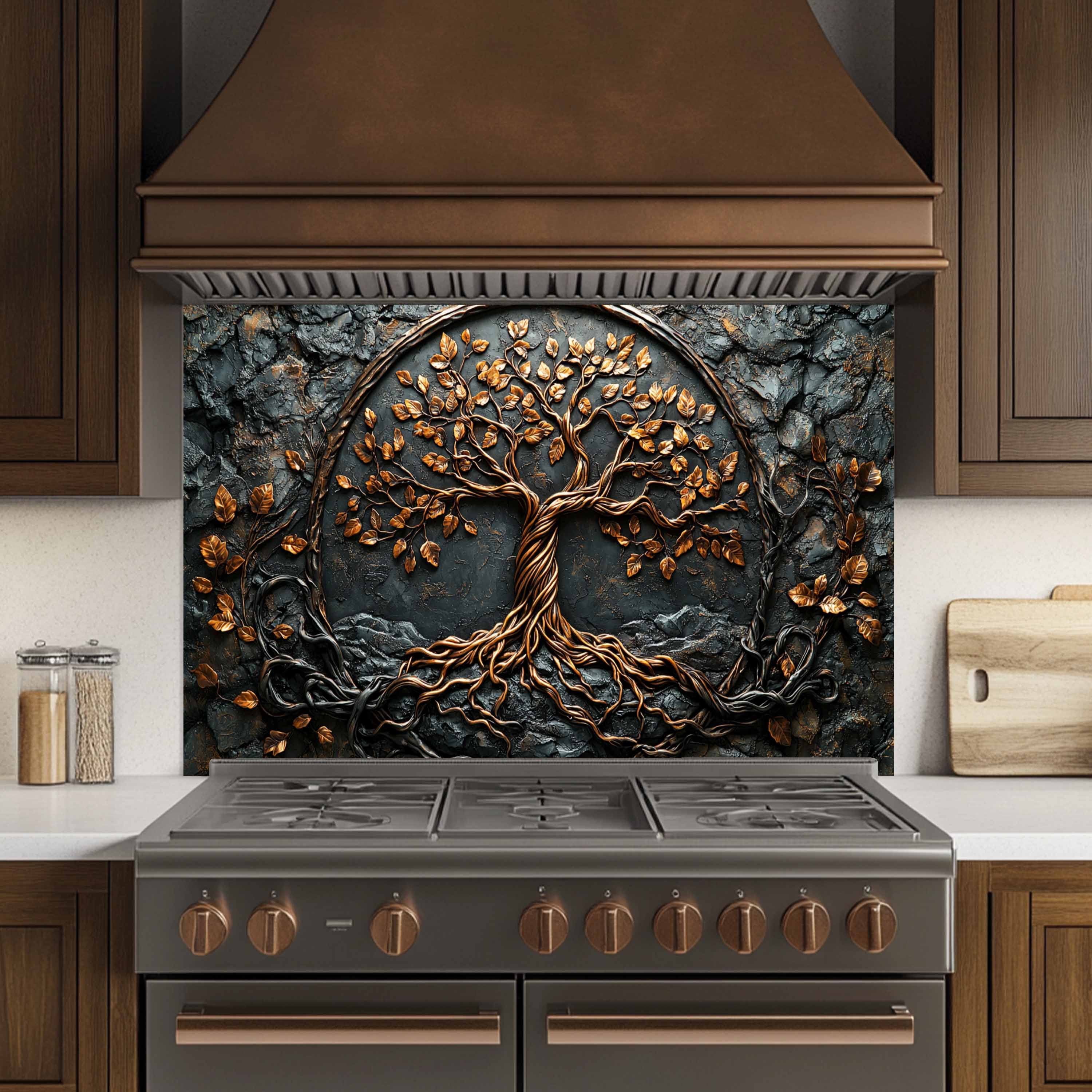 Tree with Roots Kitchen Backsplash – Tempered Glass Backsplash Behind Stove