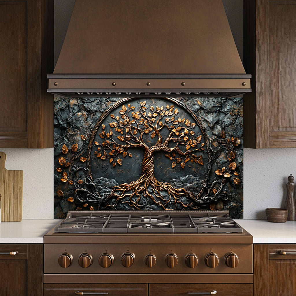 Tree with Roots Kitchen Backsplash – Tempered Glass Backsplash Behind Stove