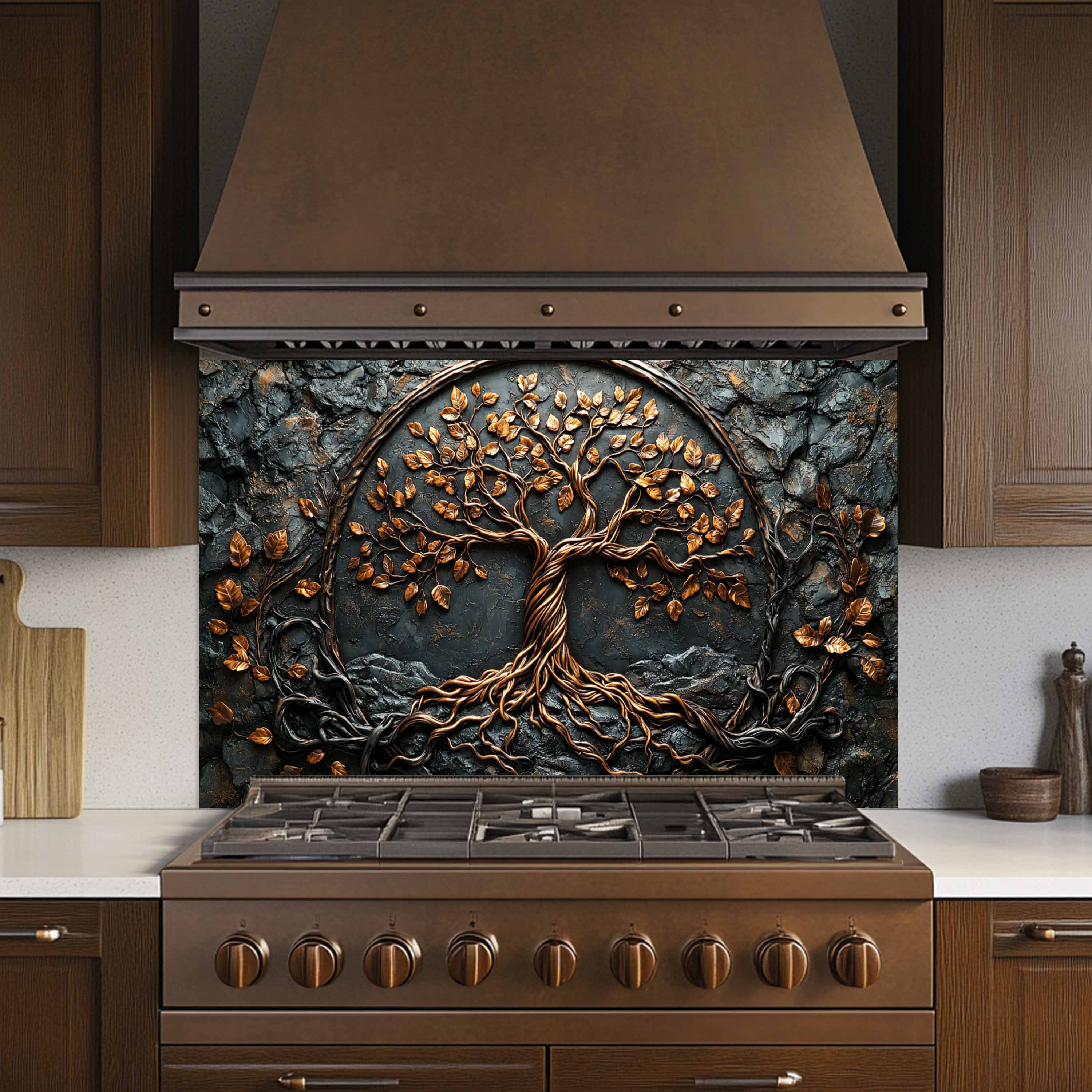 Tree with Roots Kitchen Backsplash – Tempered Glass Backsplash Behind Stove