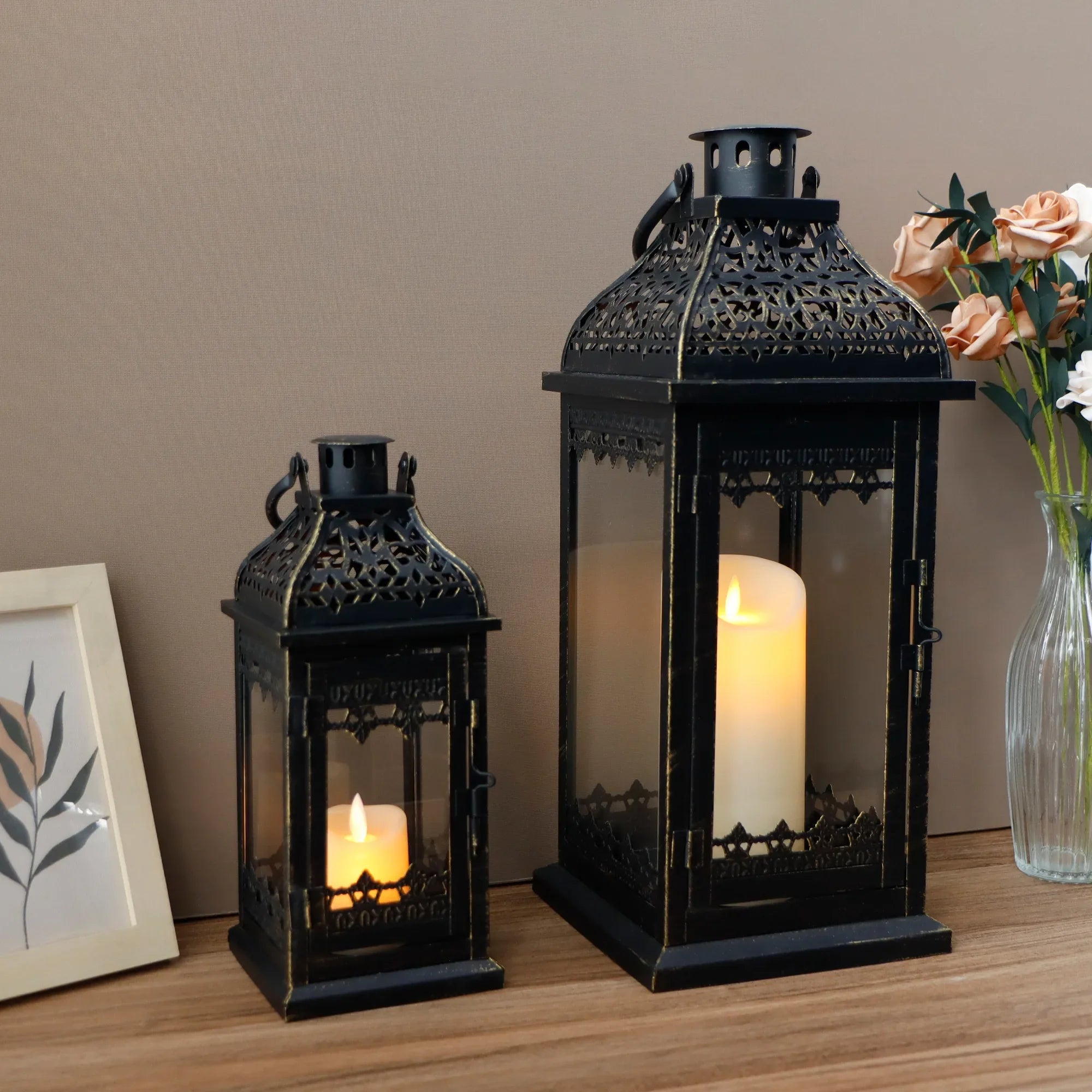 Set of 2 13''&19.5''H Candle Lanterns (Black Gold Brush)