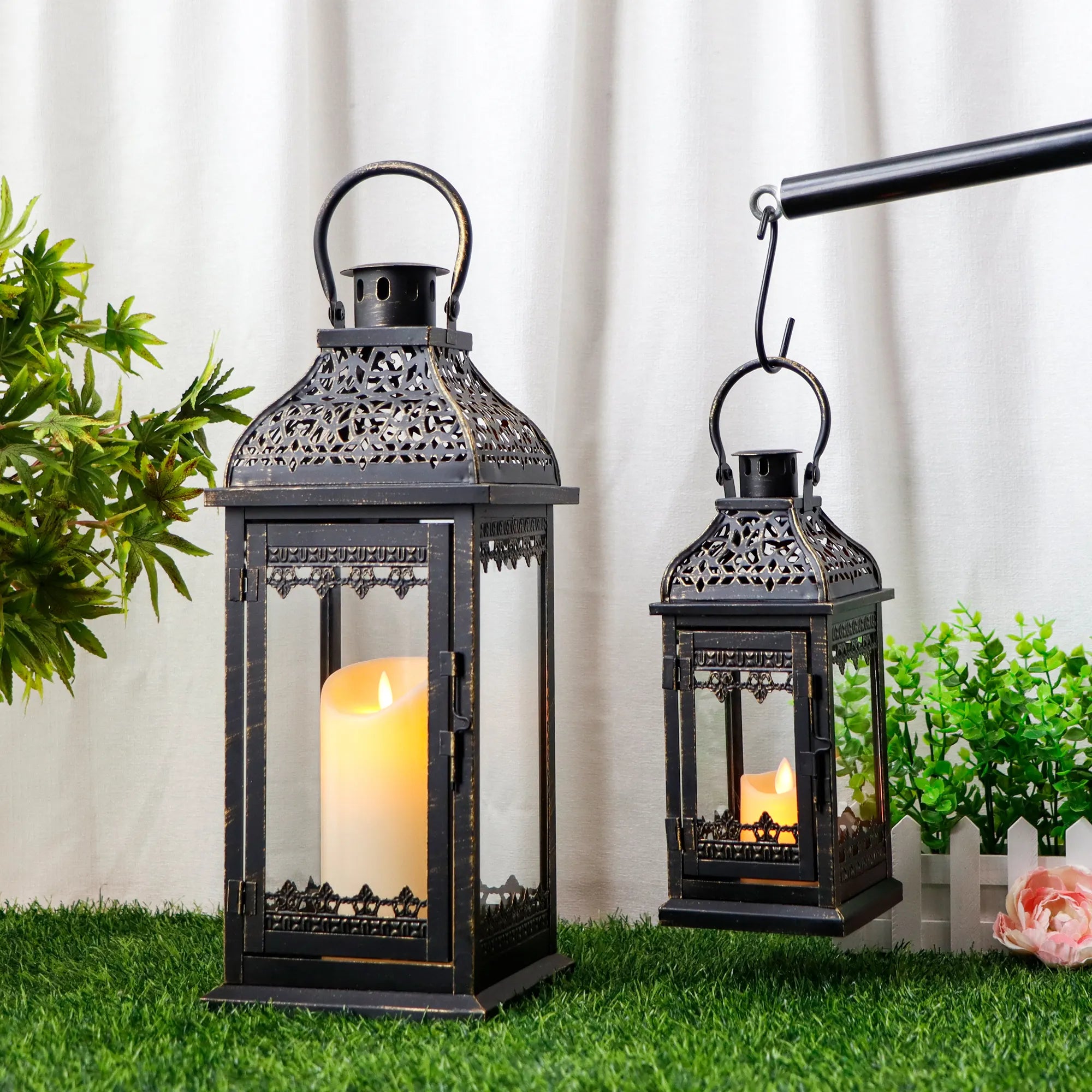 Set of 2 13''&19.5''H Candle Lanterns (Black Gold Brush)