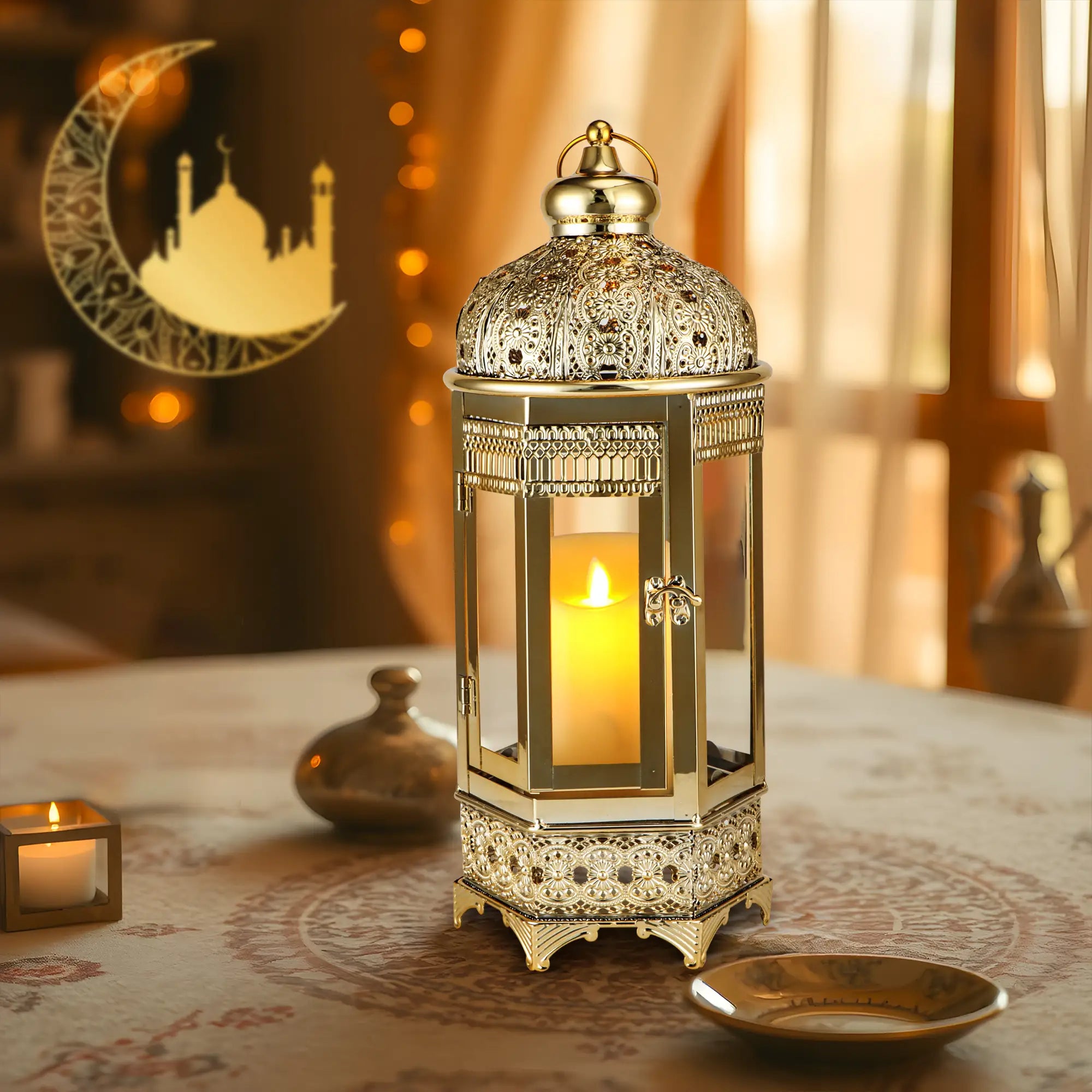 Moroccan Candle Lantern 16'' Gold Hexagonal Candle Holder